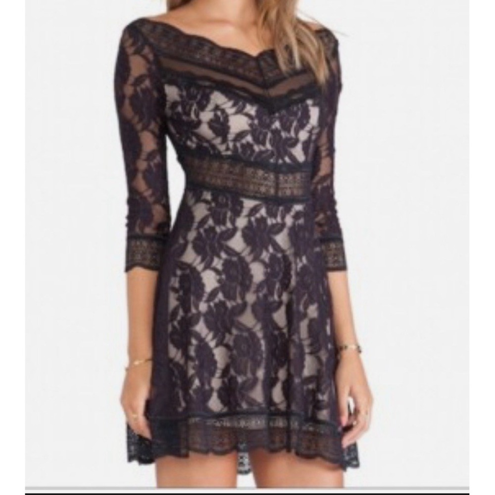 Free People Lacey Affair Mini Dress XS Black Lace Cutout Long Sleeve Flared